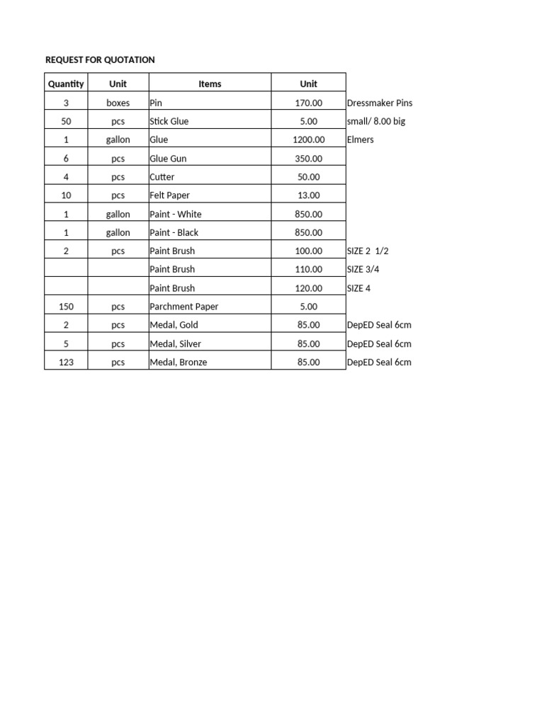 Request For Quotation - Supplies For Graduation | PDF