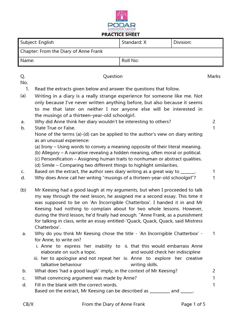 Anne Frank Diary Practice Questions | PDF