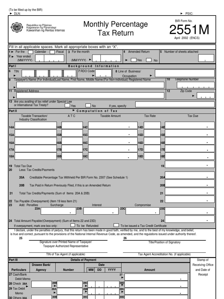 Monthly Percentage Tax Return 2551M | PDF | Withholding Tax | Taxes