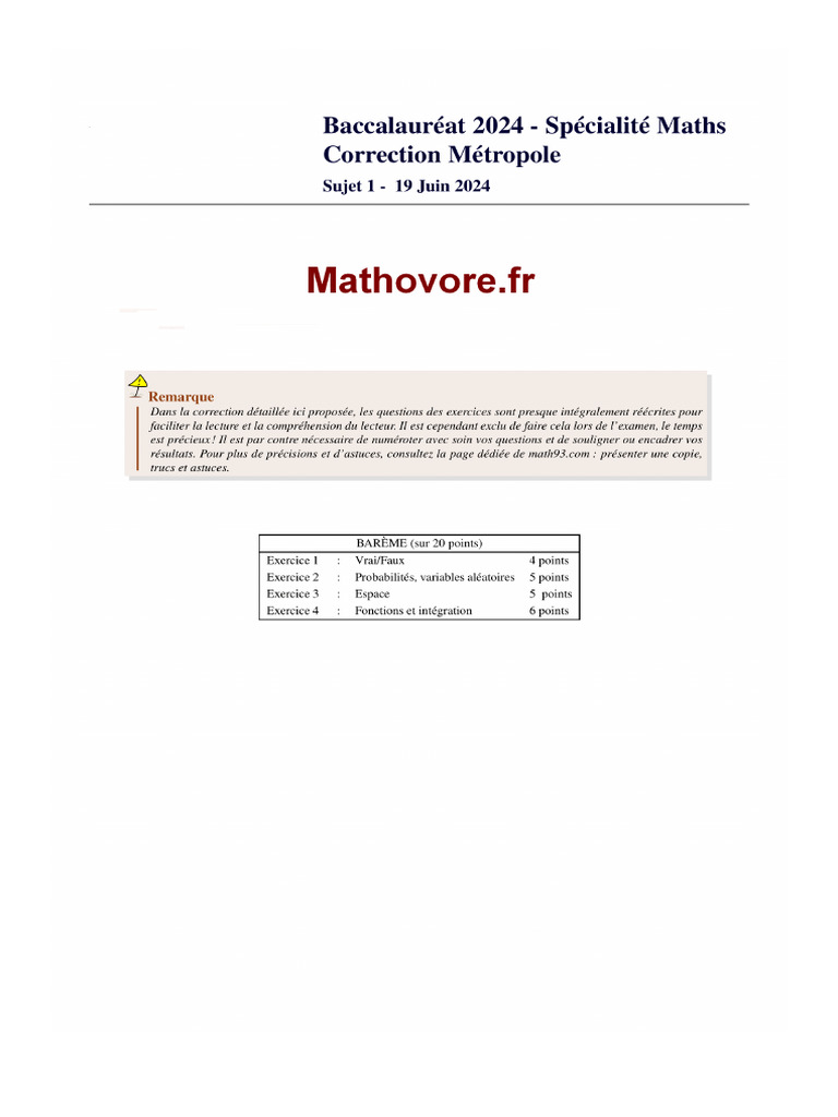 Corrige Bac Maths 2024 France Specialite Sujet 1 | PDF