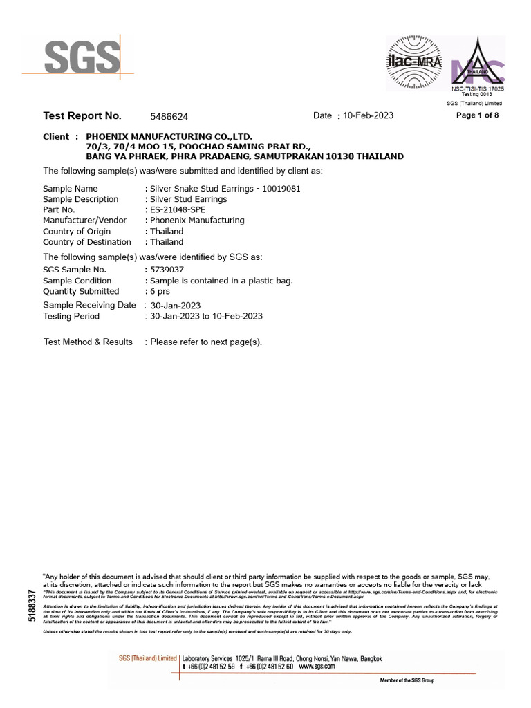SGS Test Report for Silver Earrings | PDF | Forgery | Cadmium