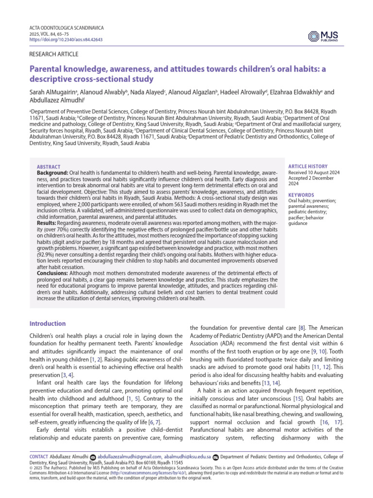 Parental Awareness of Children's Oral Habits | PDF | Dentistry
