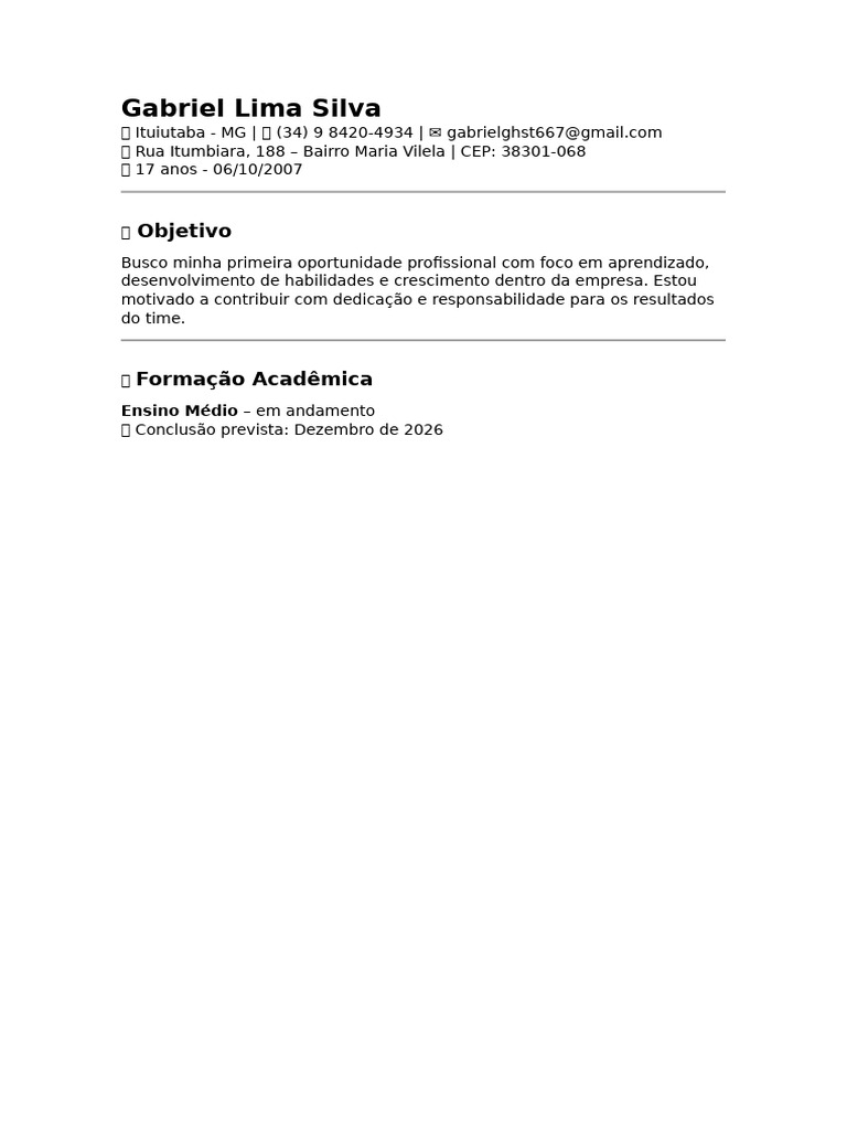 Currículo de Gabriel Lima Silva | PDF