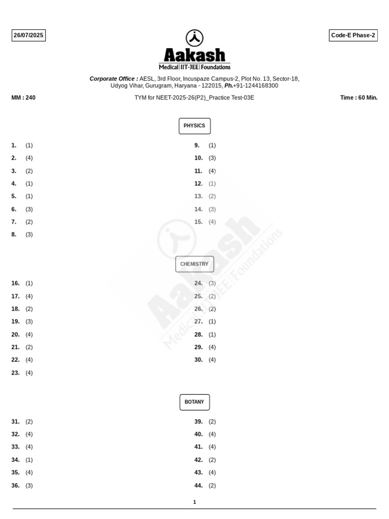 TYM NEET 2025-26 Practice Test 03E | PDF | Chess Theory | Chess