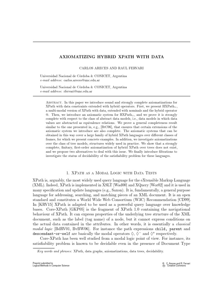 Axiomatizing Hybrid Xpath With Data | PDF | First Order Logic | X Path