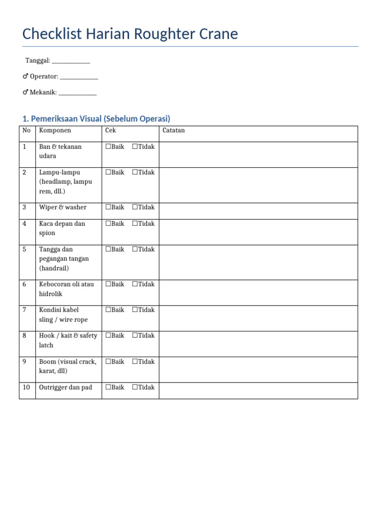 Checklist Harian Roughter Crane | PDF
