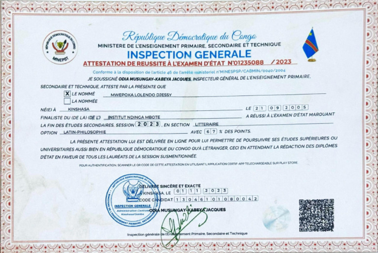 Attestation de réussite 2023 RDC | PDF