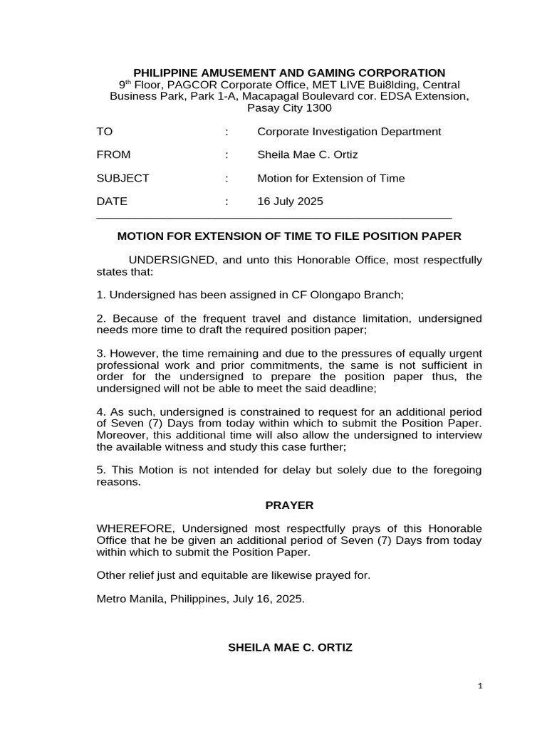 Motion for Extension to File Position Paper | PDF