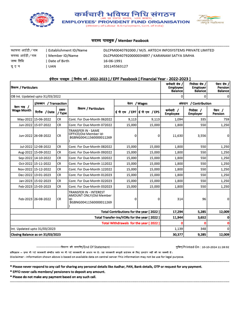 EPF Passbook Summary 2022-2023 | PDF | Employment Compensation ...