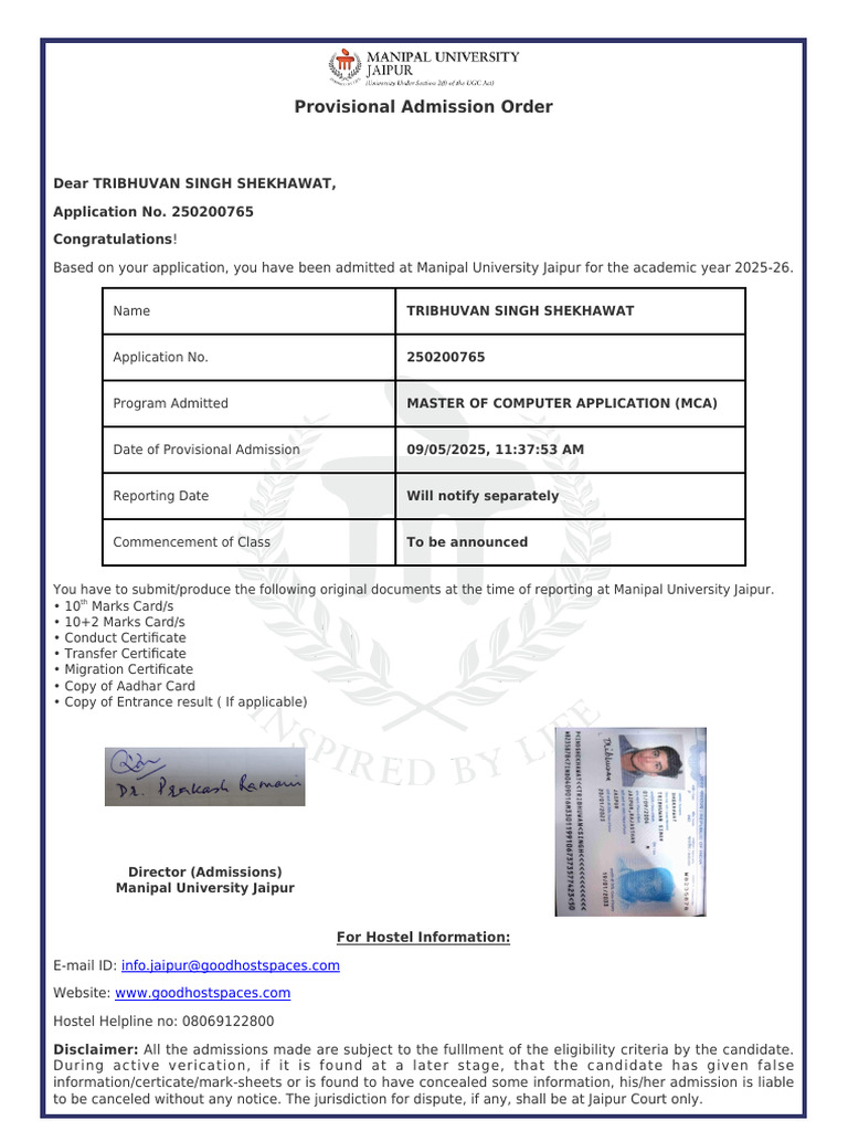 Provisional Admission MCA Manipal University | PDF