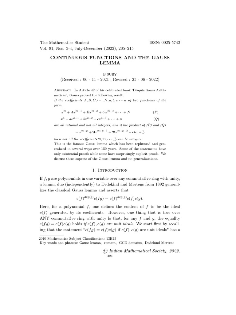 Gauss Lemma and Its Generalizations | PDF | Number Theory | Ring Theory