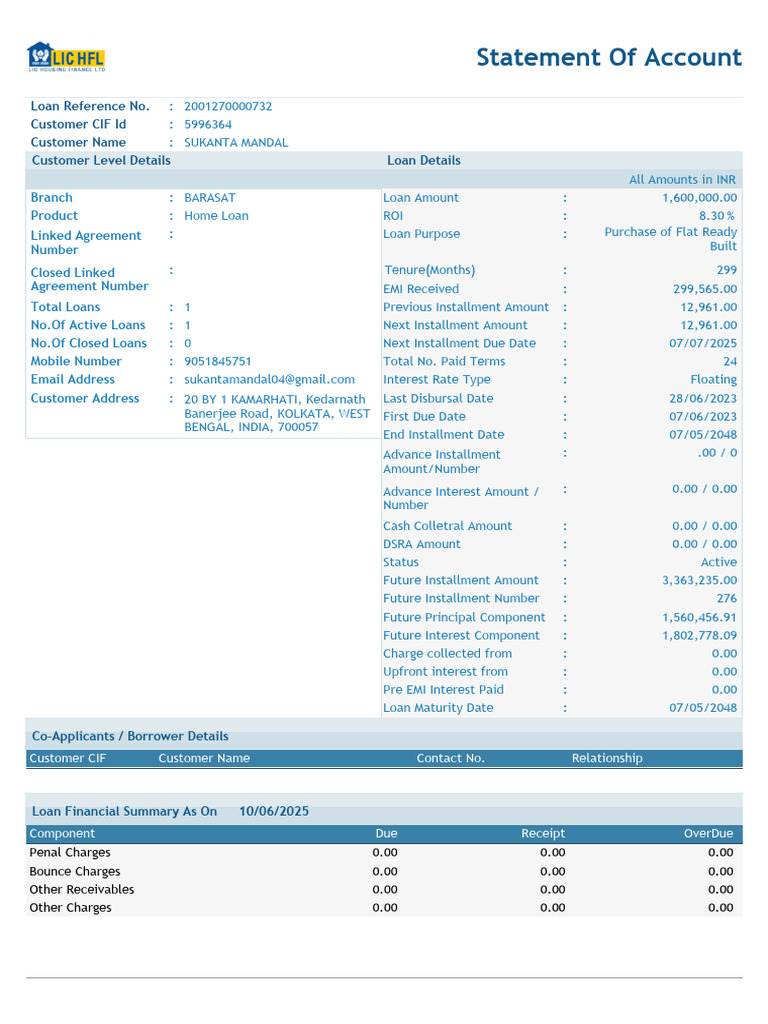 Statement of Account: Loan Reference No. Customer CIF Id Customer Name ...