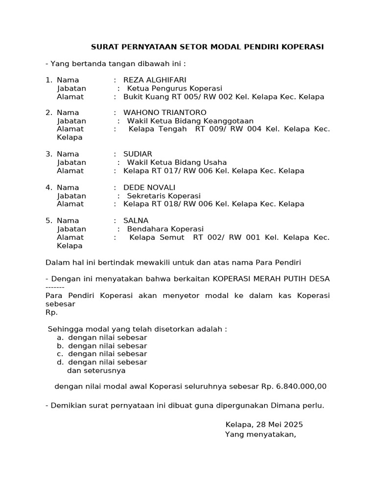 Surat Setoran Modal Koperasi 2025 | PDF