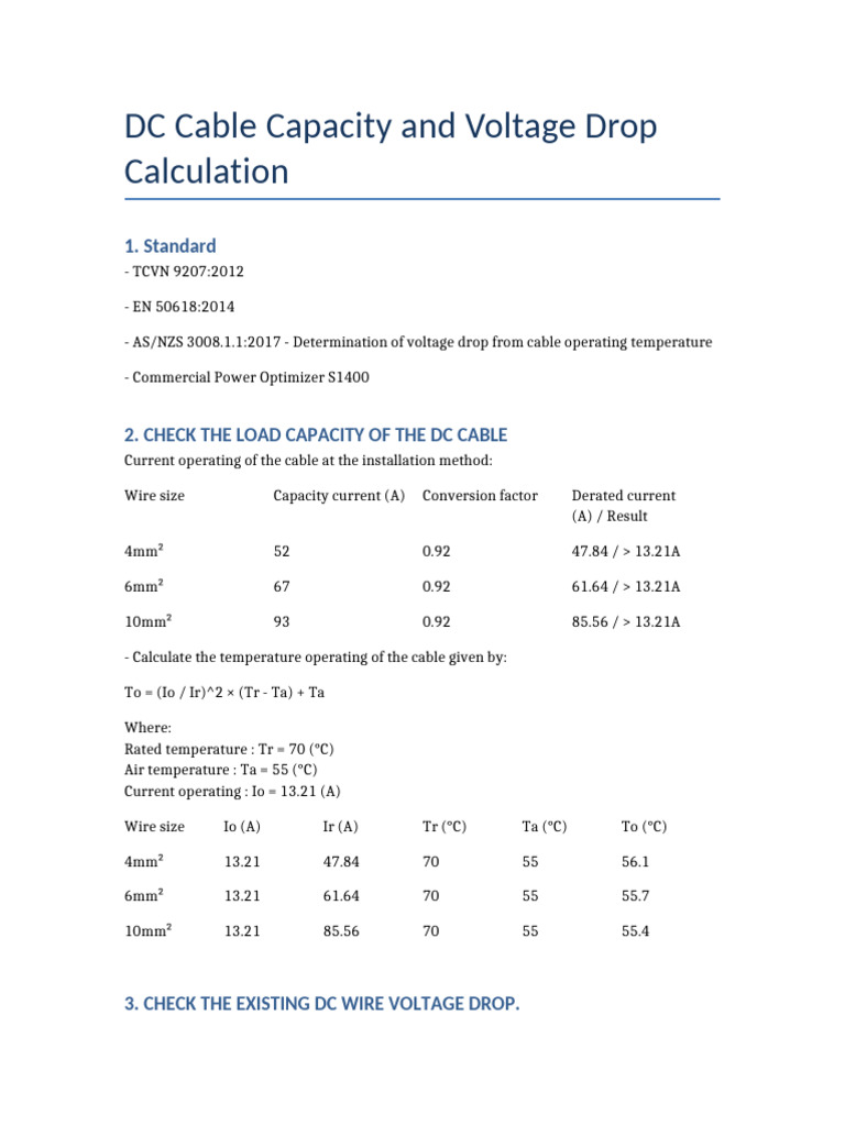 DC Cable Capacity and Voltage Drop Guide | PDF