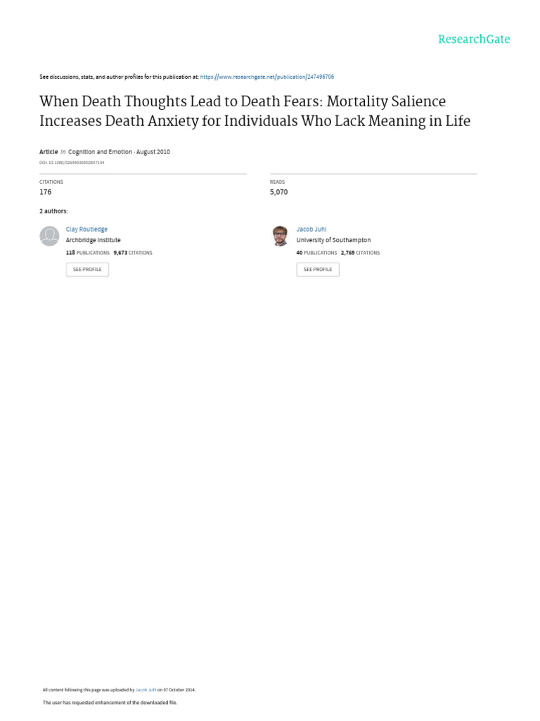 Death Anxiety and Meaning in Life | PDF | Anxiety | Emotions