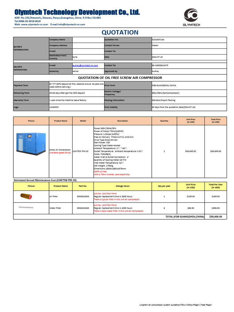 Quotation for Oil-Free Screw Compressor | PDF | Mechanical Engineering ...