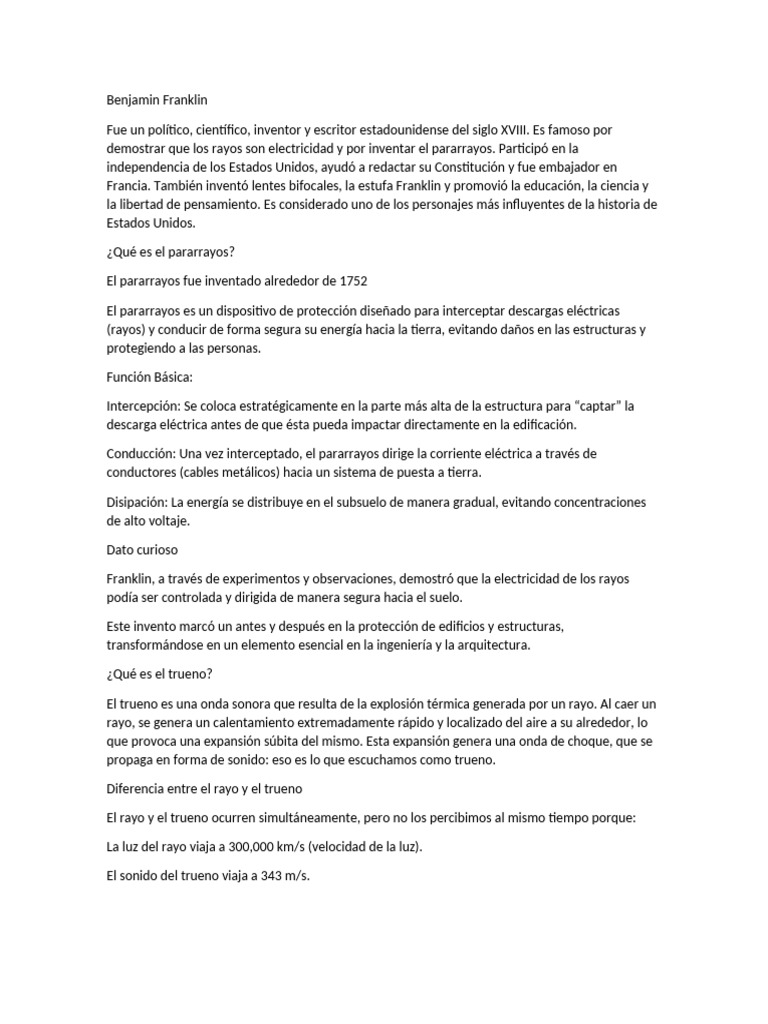 Franklin: Inventor del Pararrayos y Rayos | PDF | Relámpago | Electricidad