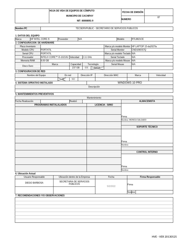 Hoja de Vida Equipos Computo Cachipay | PDF | Hardware de la ...