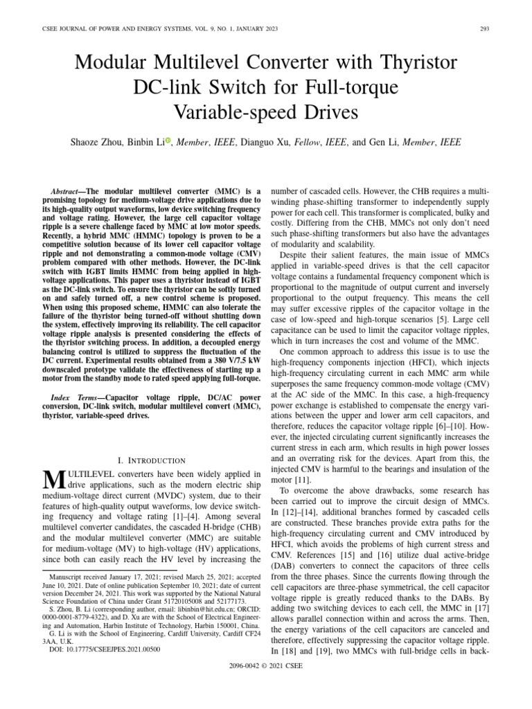 Thyristor-Based MMC for Variable-Speed Drives | PDF | Capacitor ...