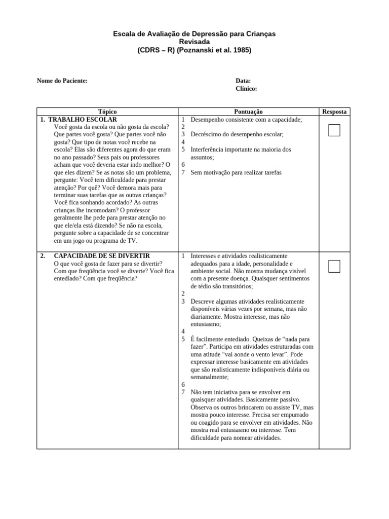 Avaliação da Depressão Infantil CDRS-R | PDF | Suicídio | Pensamento