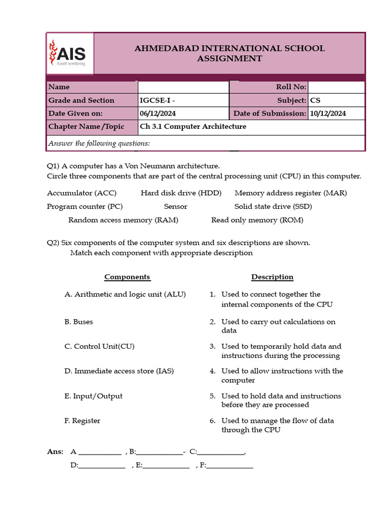 IGCSE Computer Architecture Assignment | PDF | Central Processing Unit ...