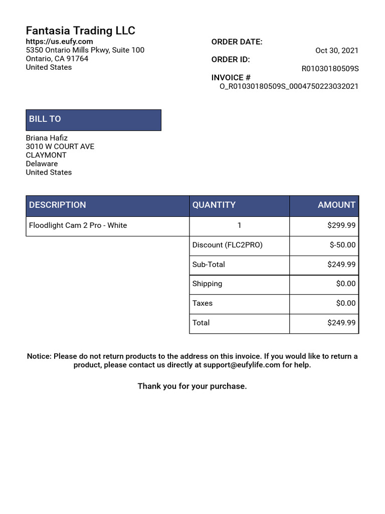Eufy Floodlight Cam 2 Pro Invoice | PDF