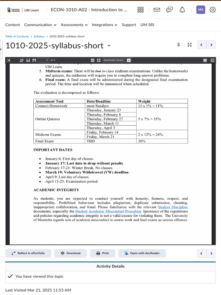 ECON 1010 Course Syllabus 2025 | PDF | Academic Dishonesty | Academic ...