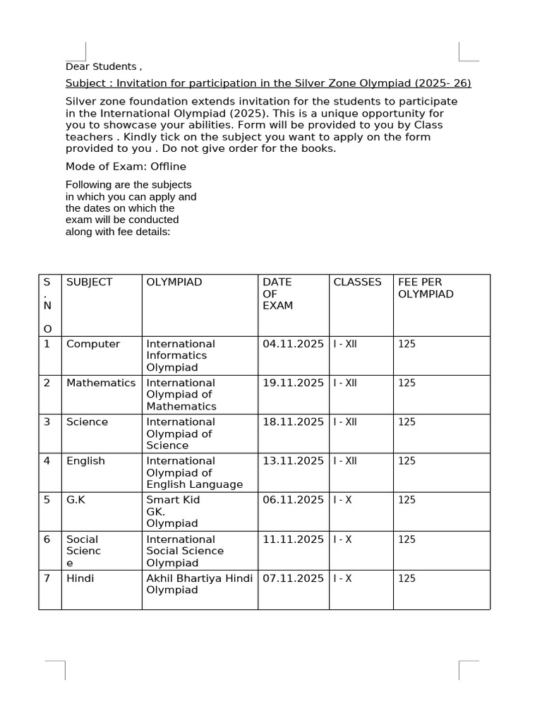 Silverzone Olympiad 2025 Schedule | PDF