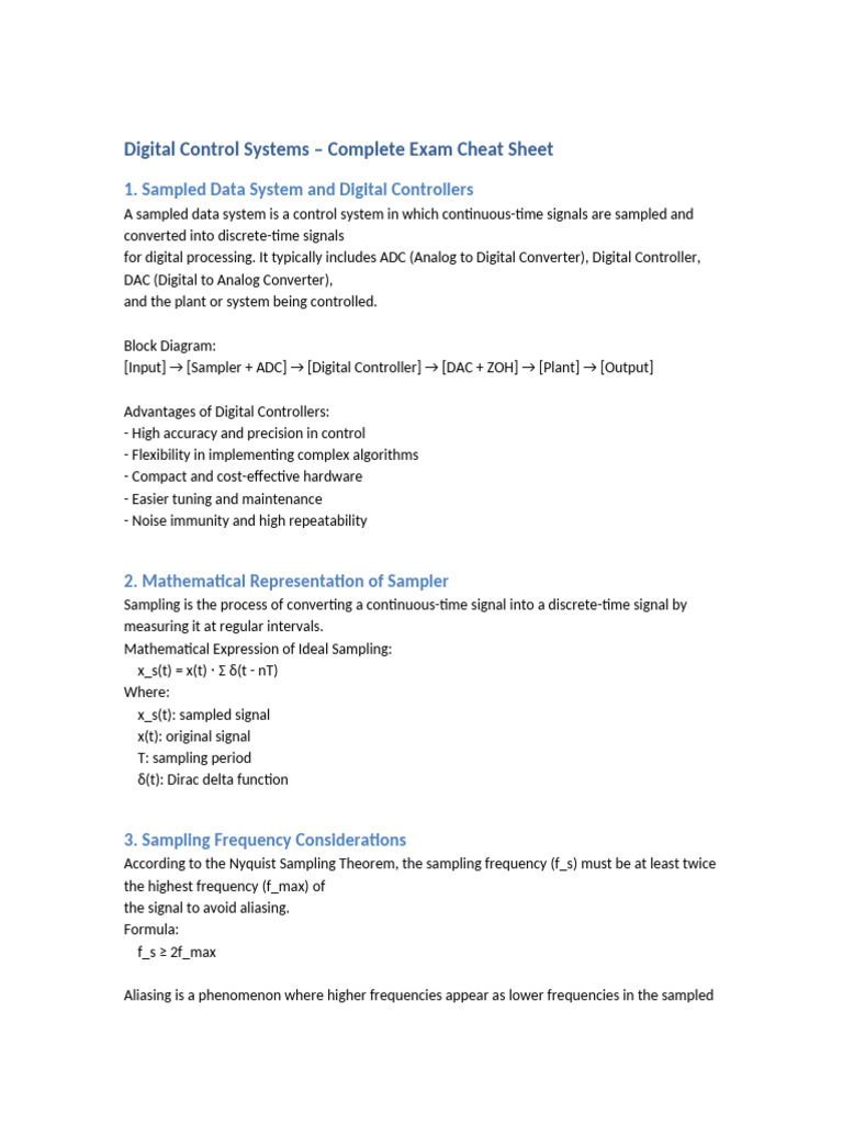 Digital Control Systems Cheat Sheet | PDF | Sampling (Signal Processing ...
