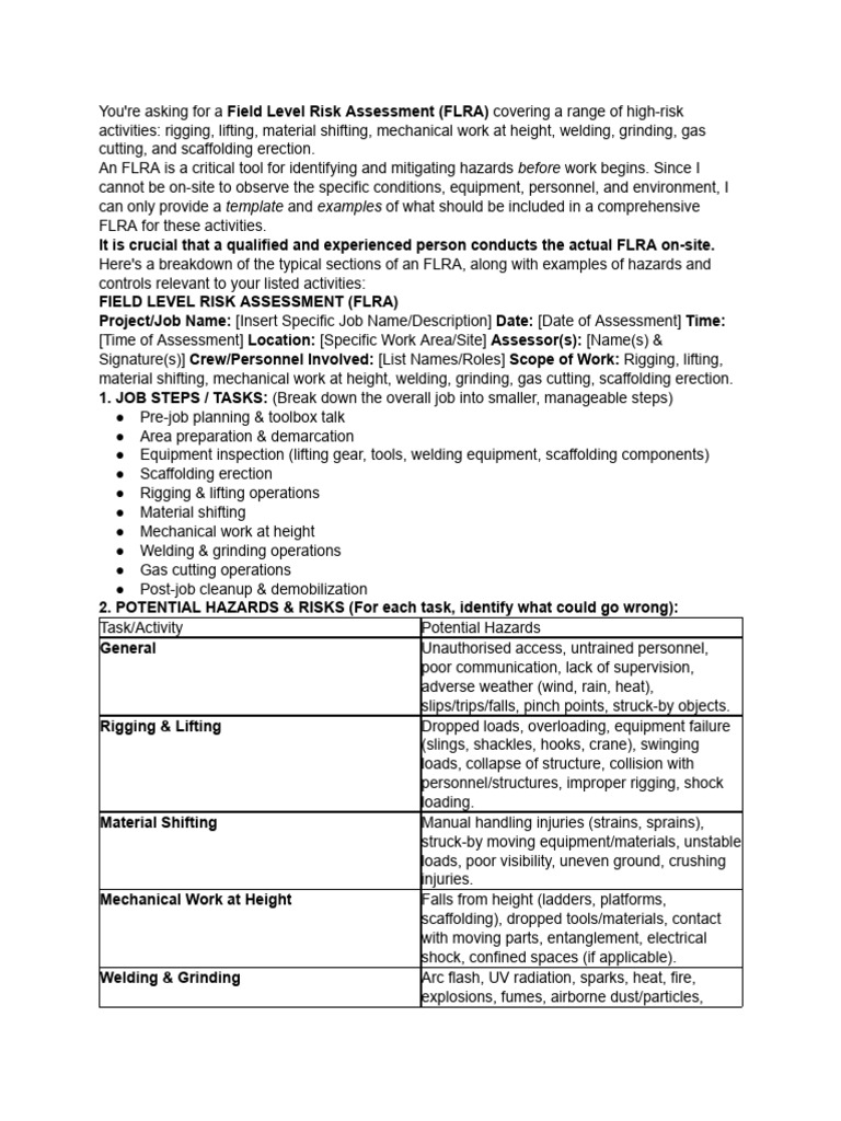 FLRA Template for High-Risk Activities | PDF | Welding | Construction