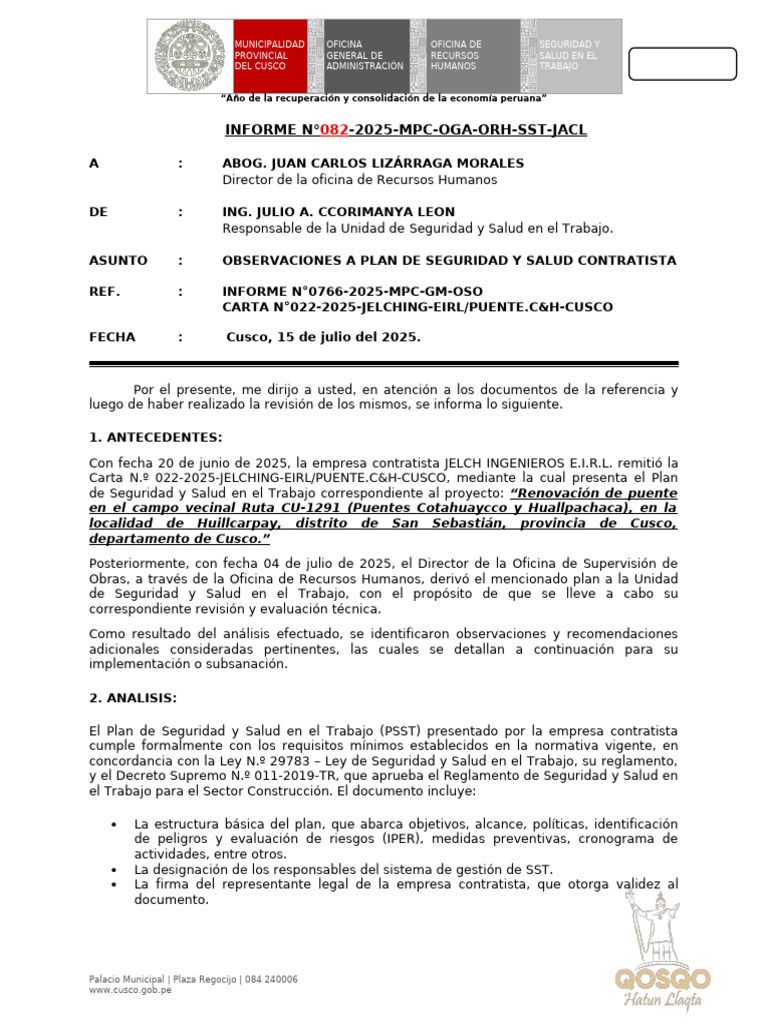 Observaciones al Plan de Seguridad JELCH | PDF