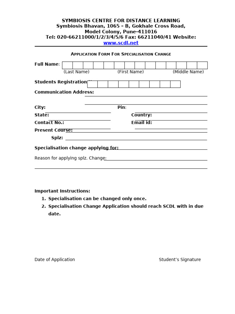 SCDL Specialization Change Application Form | PDF