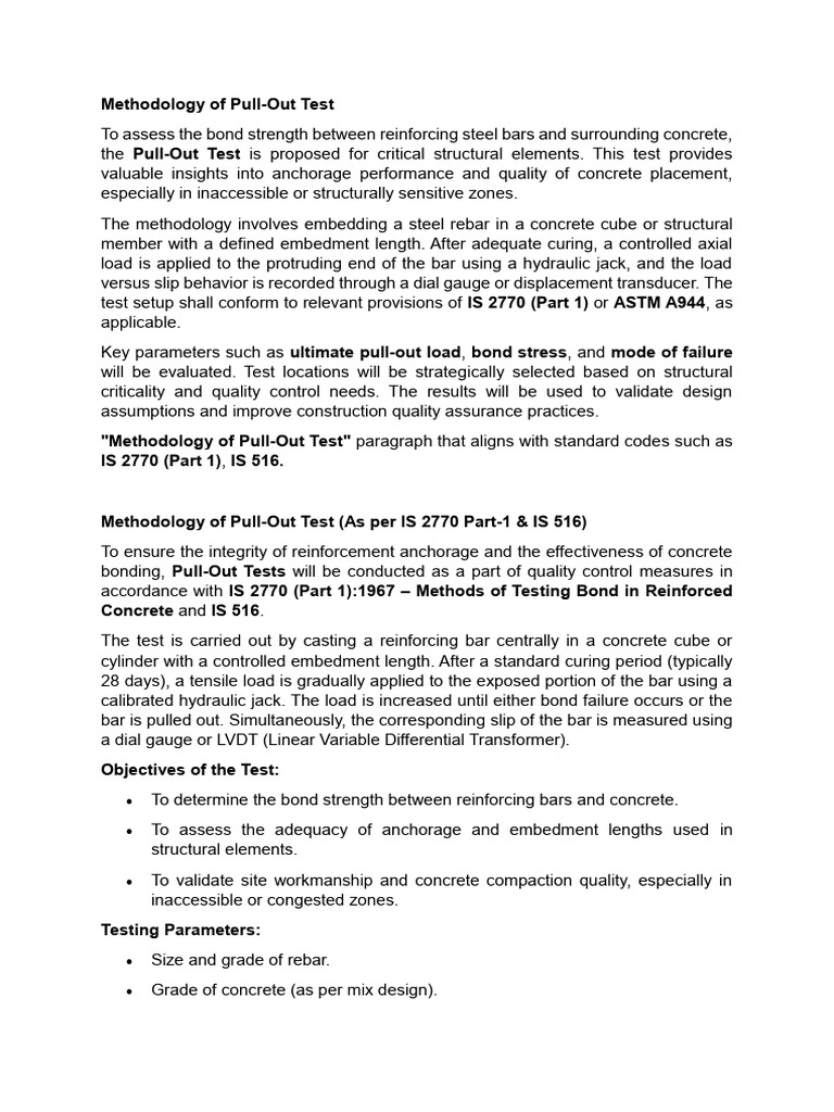 Pull-Out Test Methodology per IS 2770 | PDF | Concrete | Structural ...