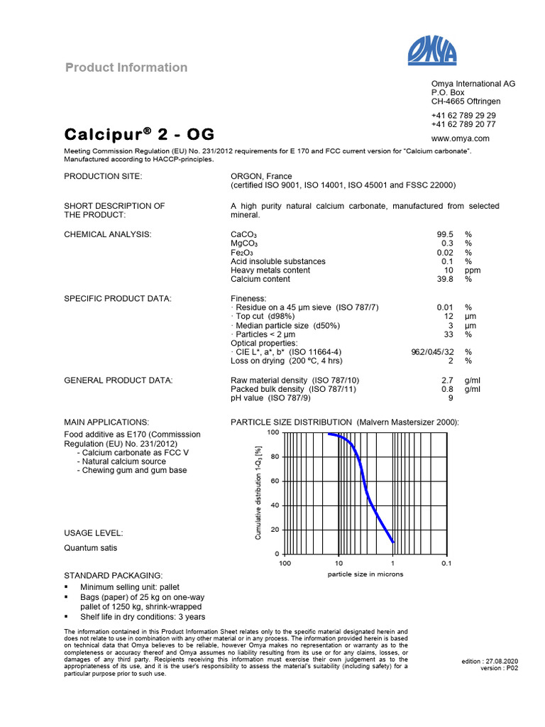 Ficha Tecnica Carbonato de Calcio Calcipur 2-Og | PDF | Physical ...