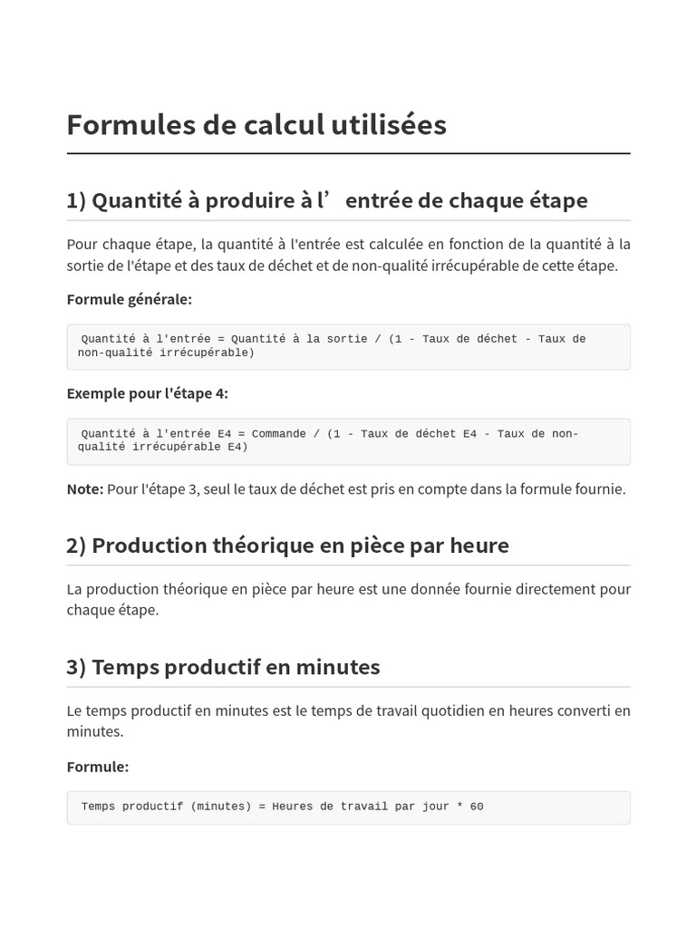 Formules de calcul de production | PDF