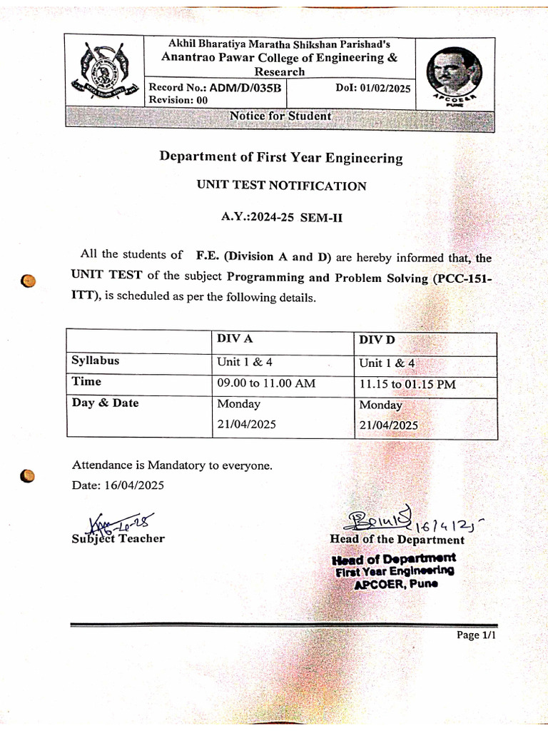 Pps Unit Test Notice 21-04-2025 | PDF