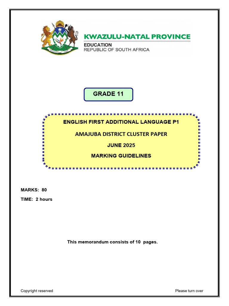 Grade 11 English Paper 1 Memo June 2025 | PDF | Hamburgers | English ...