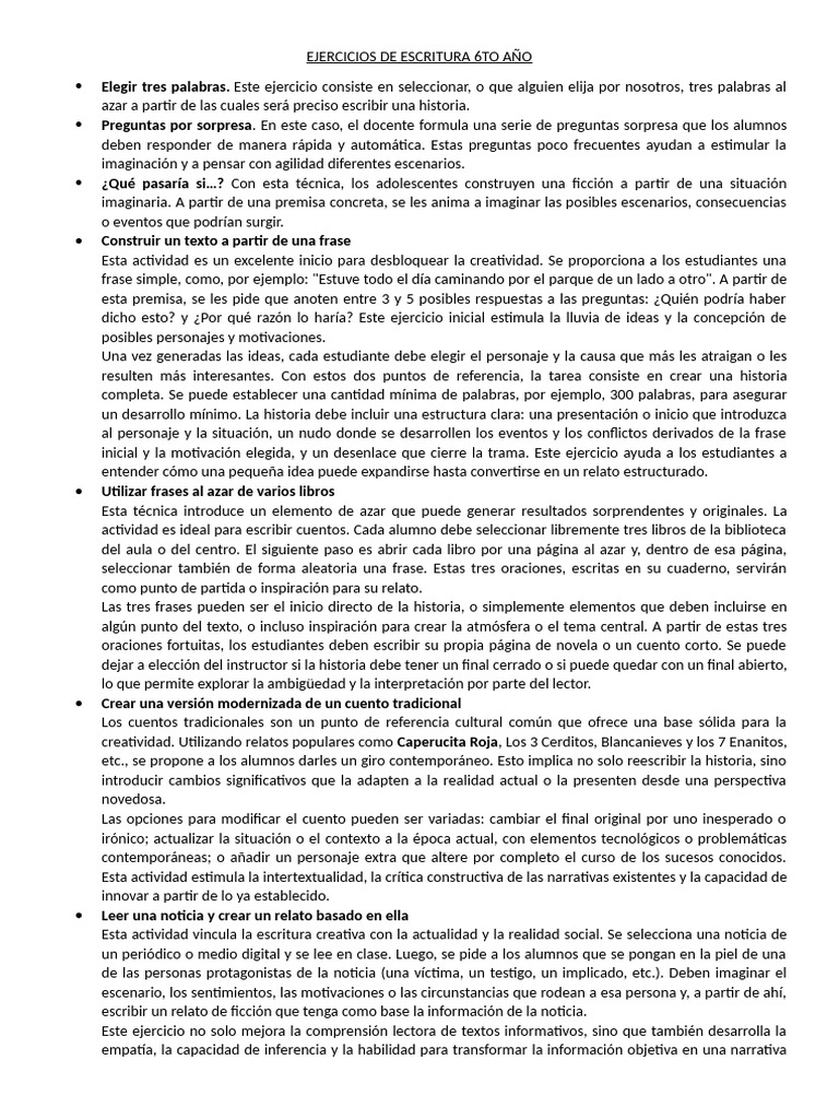 Ejercicios de Escritura Creativa 6to Año | PDF | Cuentos | Comprensión ...
