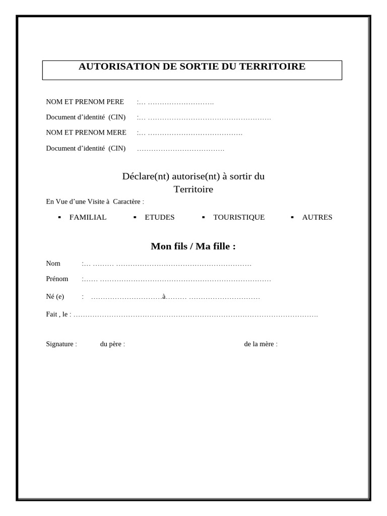 Autorisation de Sortie du Territoire | PDF