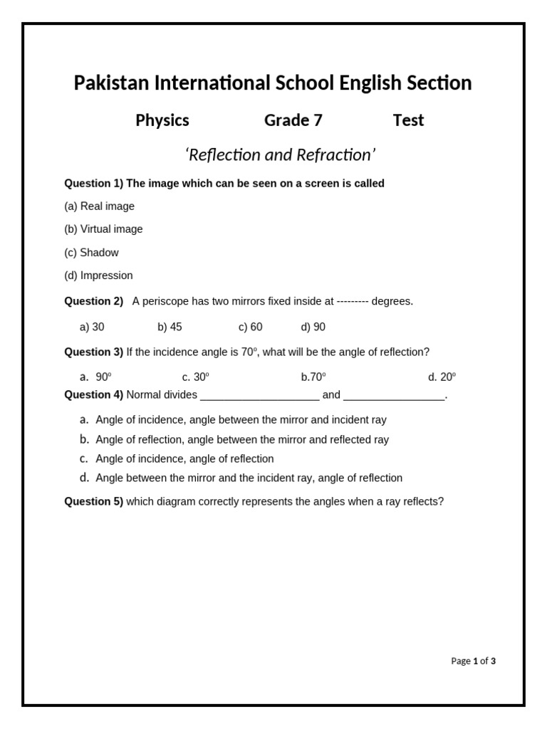 Reflection and Refraction - Test | PDF