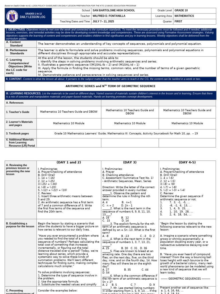 Grade 10 Math Daily Lesson Plan | PDF | Curriculum | Mathematics
