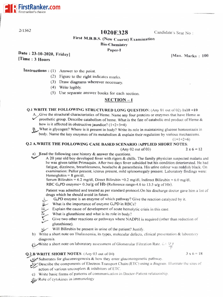 M.B.B.S. Biochemistry Exam Paper 2020 | PDF | Biochemistry | Chemistry