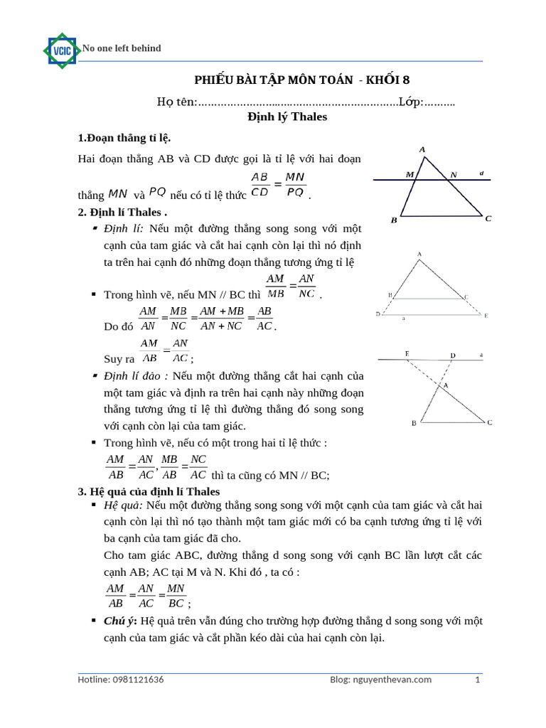 Phieu BT Dinh Ly Talet | PDF