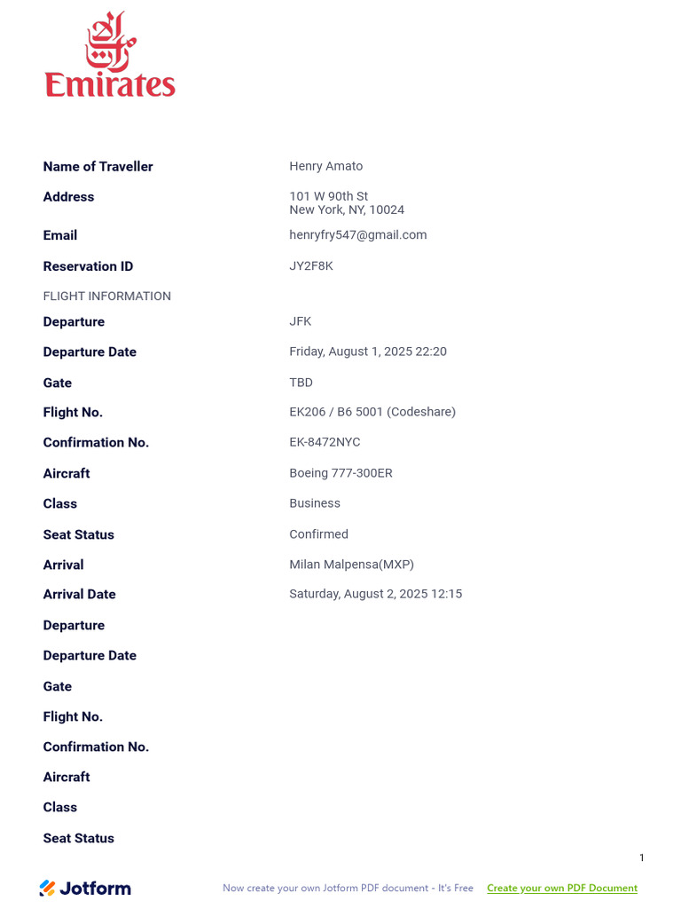 Flight Itinerary for EK206 to MXP | PDF