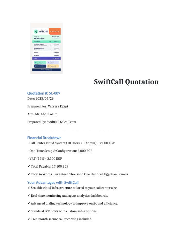 SwiftCall Quotation NoTable | PDF