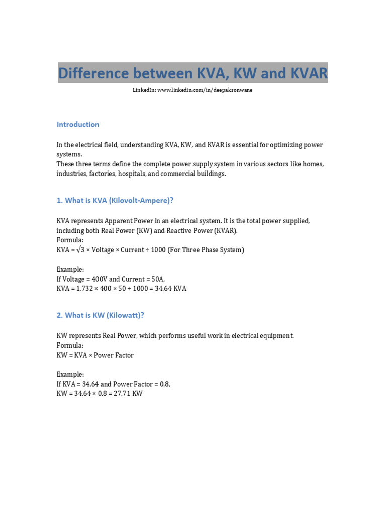 KVA, KW, and KVAR Explained | PDF