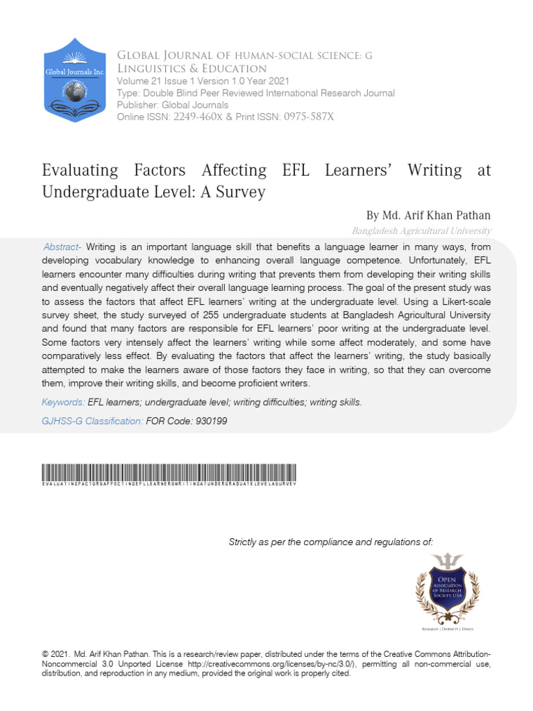 Factors Influencing EFL Writing Skills | PDF | English As A Second Or ...