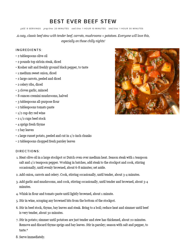 Best Ever Beef Stew Recipe | PDF