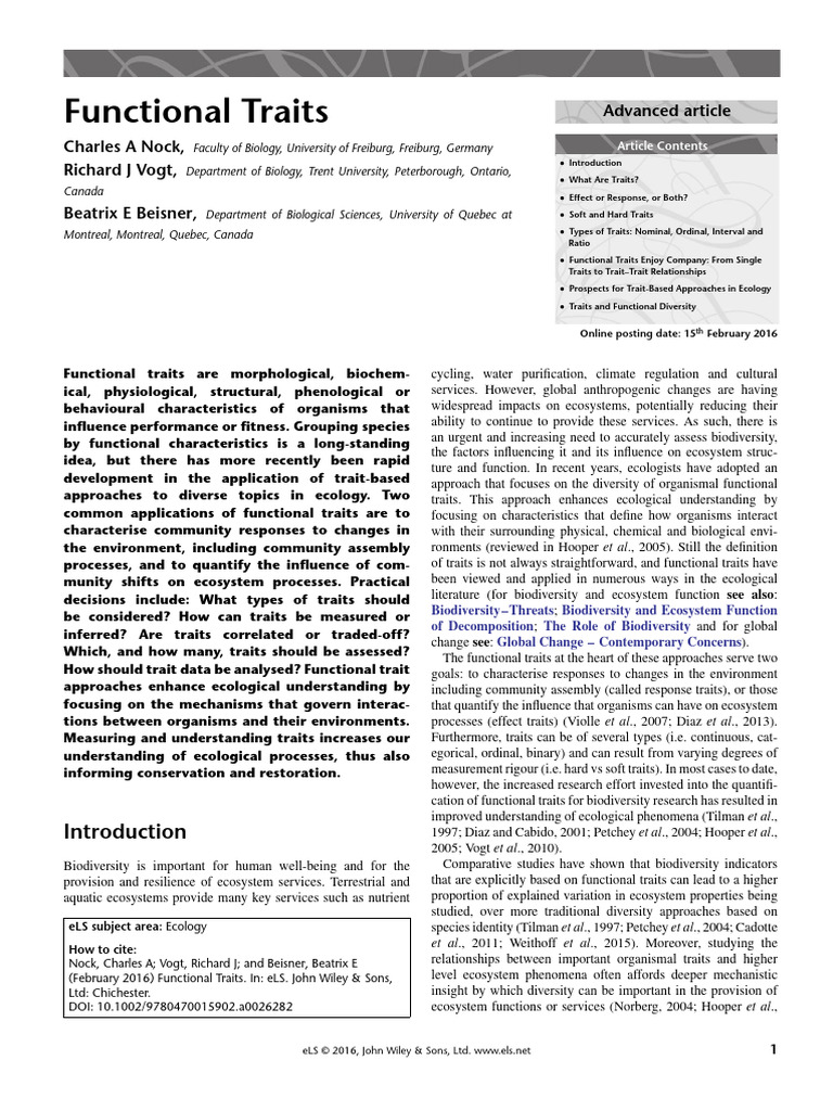 Understanding Functional Traits in Ecology | PDF | Ecology | Level Of ...