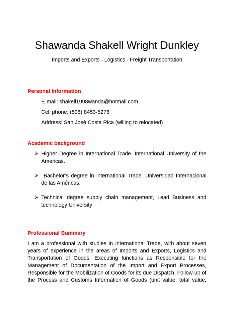 CV Shawanda | PDF | Logistics | Cargo
